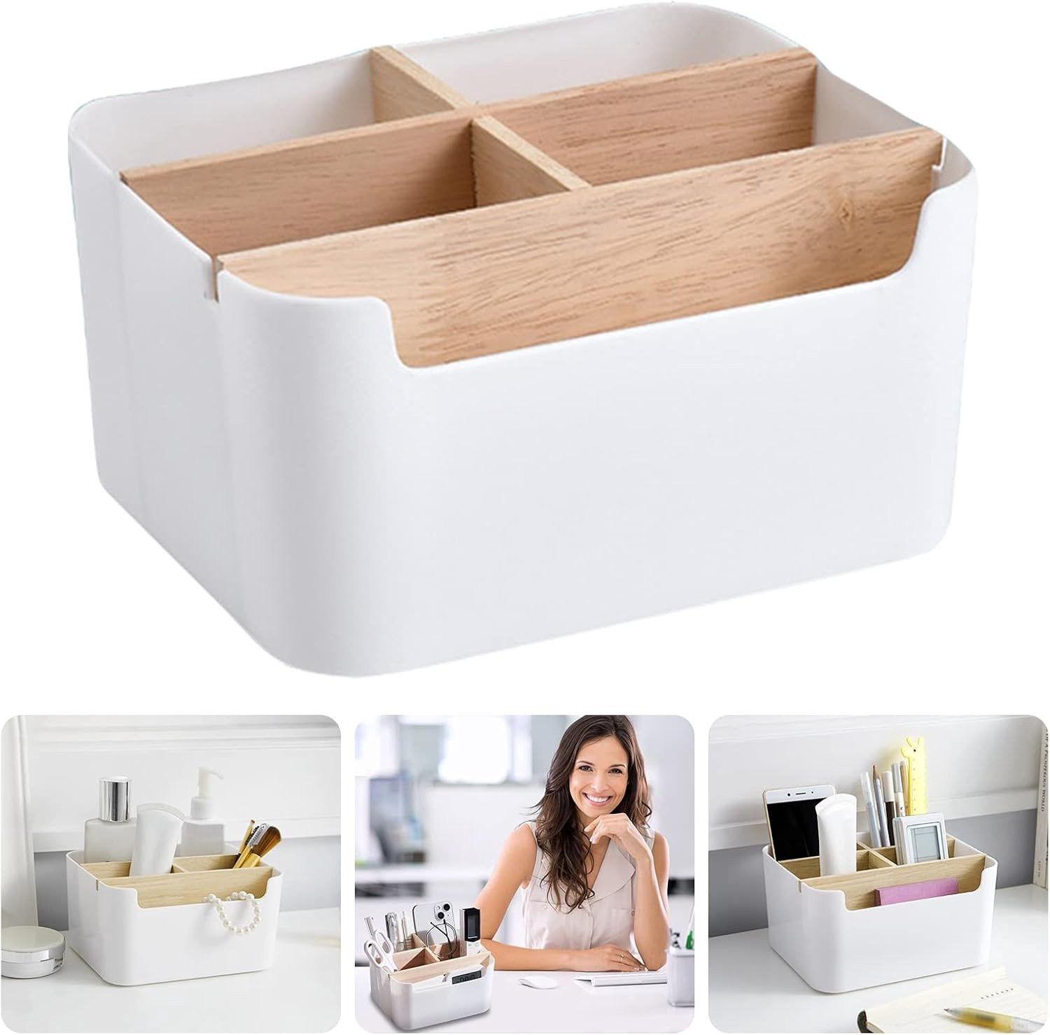 Multifunctionele Houten Desk Organizer met 5 Compartimenten voor Pennen en Kantoorbenodigdheden
