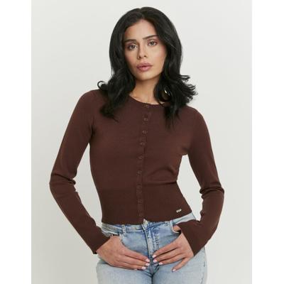 Strickjacke TALLY WEIJL "SCAVIFRANKI", Damen, Gr. L, braun (rocky road), Strick, Obermaterial: 45% Polyester, 38% Viskose, 17% Polyamid, unifarben, figurbetont taillenlang, Rundhals, Strickjacken Strickjacke, Materialmix, Basic, kürzer geschnitten
