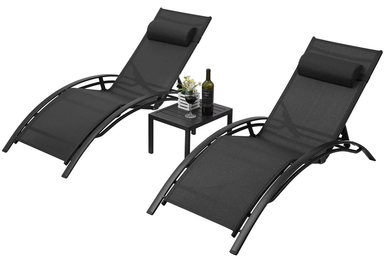 3-teiliges Sonnenliegen Set - Aluminium Gartenliegen & Tisch - 5-fach verstellbare Rückenlehne - Klappbar - Kopfkissen - Schwarz