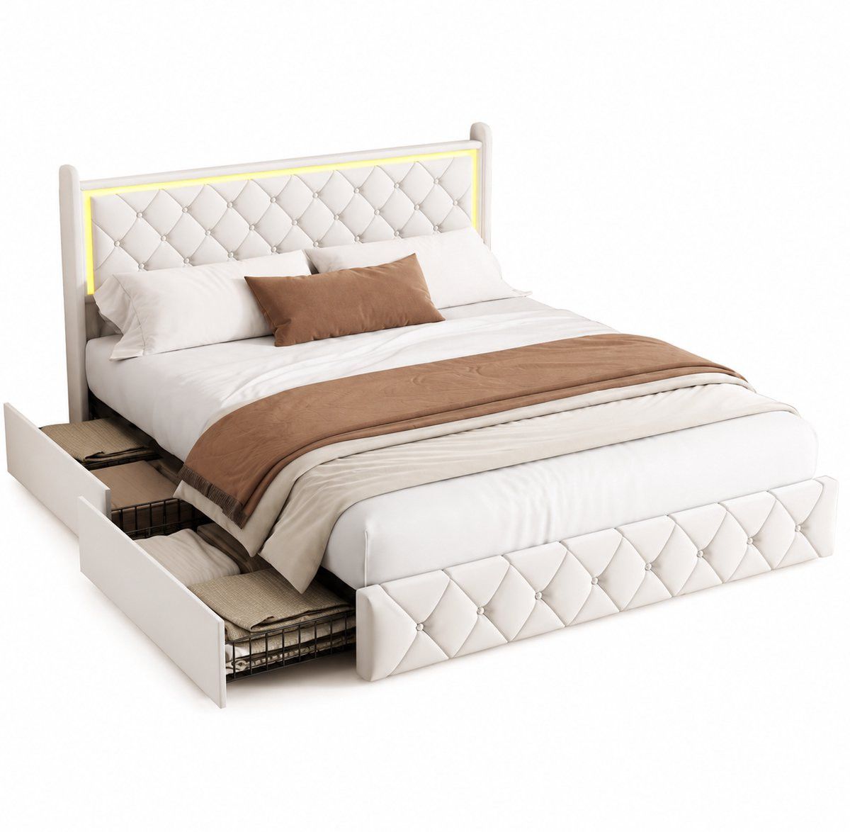 Innovastore Tweepersoonsbed met opbergruimte en LED-verlichting in beige fluweel, 160 x 200 cm