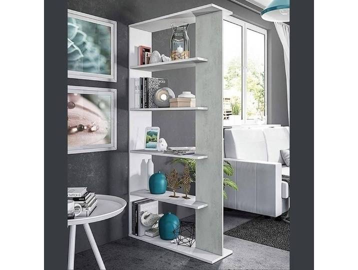 Dmora - Bibliothèque Columbia 90x25h180 cm Blanc Ciment Panneau effet bois