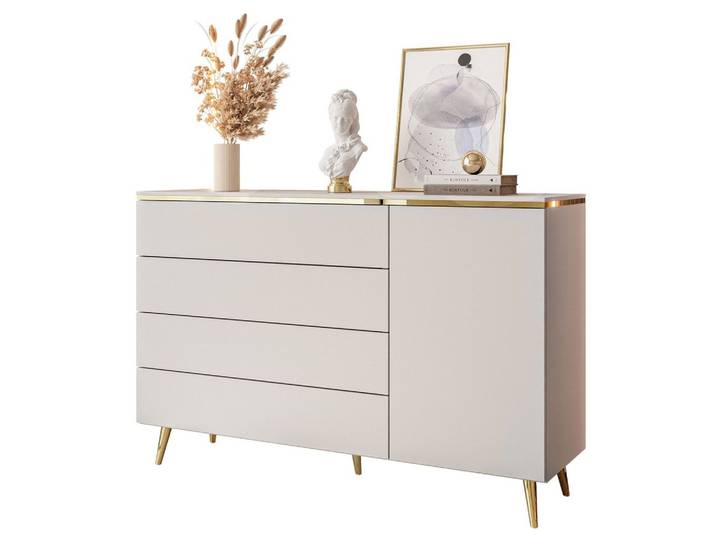 KOMMODE AURORA 4S1D Kaschmir mit schräge Goldchrom Fuße