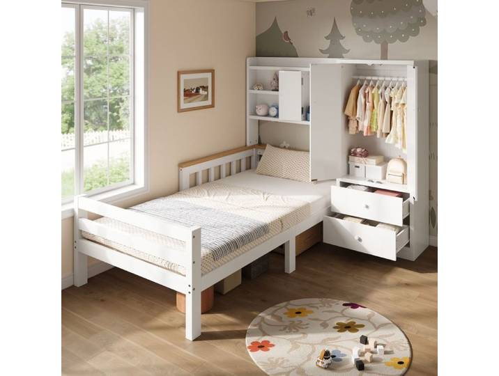 Lit d'enfant - SOGEU - Combiné 90x200 - Armoire intégrée - Tiroirs & étagères ouvertes - Blanc
