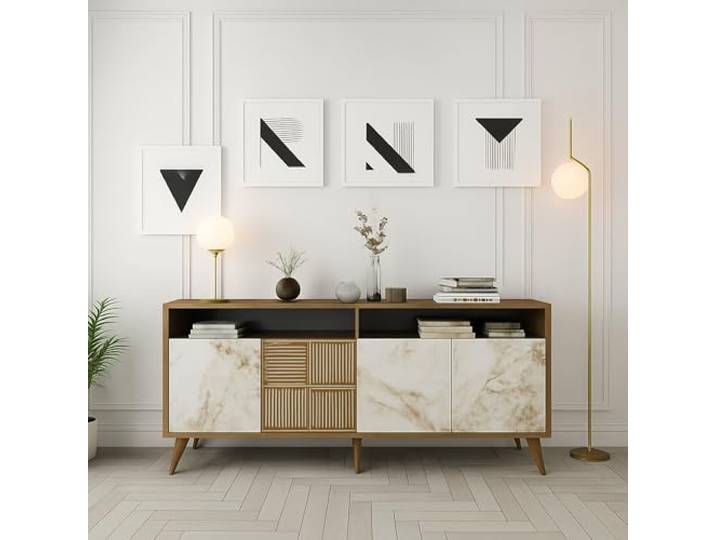 Dmora Sideboard Rotanev 160x35x78h cm Braun, 2 Böden, 6 Fächer