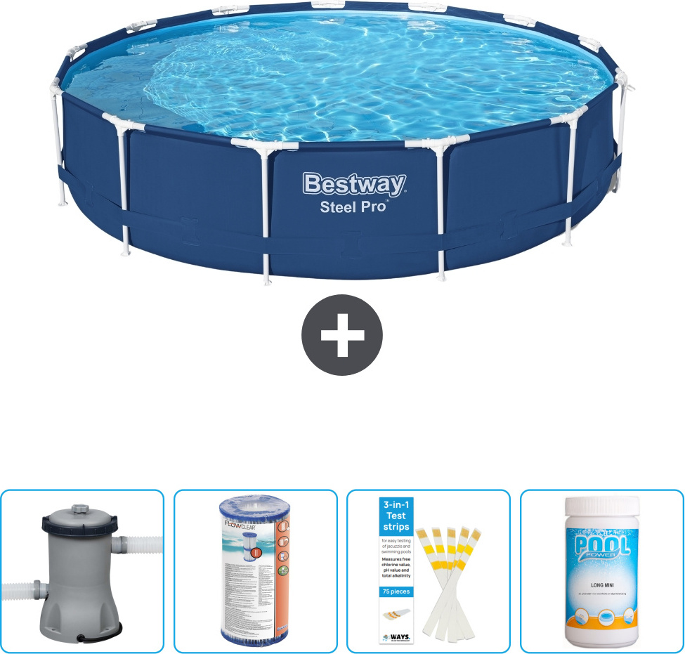 Bestway Round Steel Pro Swimmingpool - 396 x 84 cm - Blau - inklusive Pumpe Filter - Teststreifen - Chlor