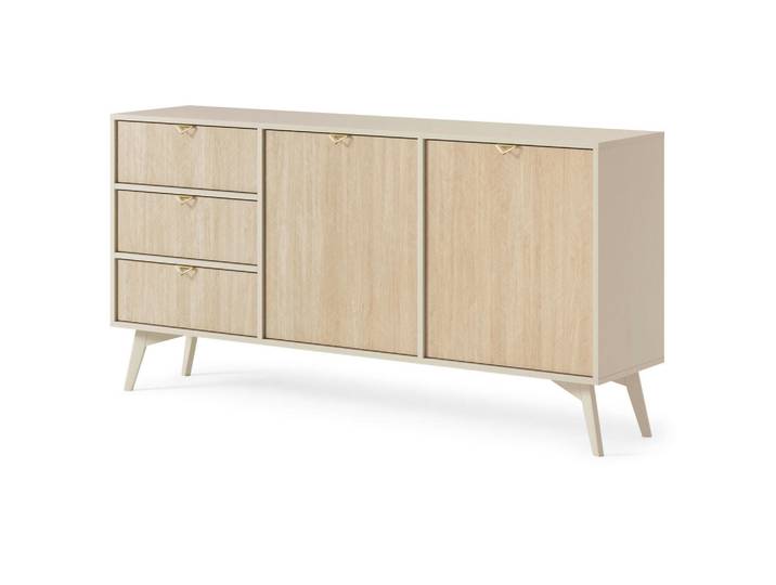 Komodee Sideboard Tofino Kom2-2D3S Holzbeine Beige Fischgrätenmuster, 158x80x38 cm, Kleinmöbel, Kommoden, Sideboards