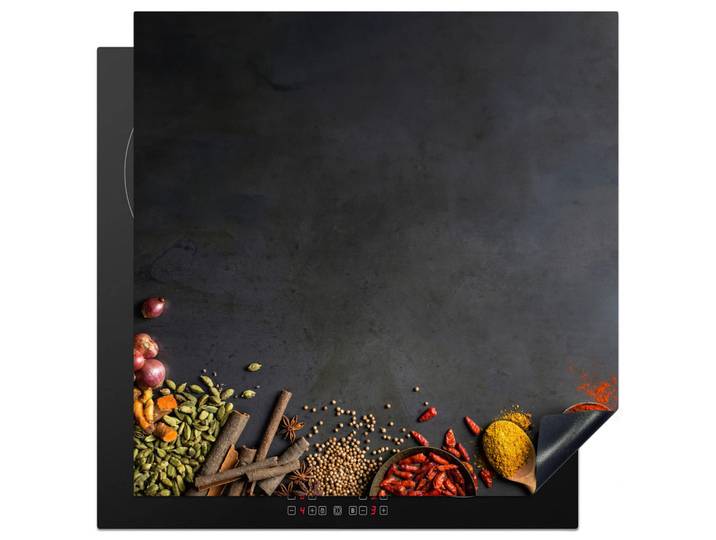 MuchoWow Herabdeckplatte - Kräuter - Lebensmittel - Gewürze - Schwarz - Paprika - Zimt - 78x78, Currygelb, Kunststoff, Quadratisch, 78x78x0.2 cm, Geschirr, Tischkultur & Serviergeschirr, Servierplatten