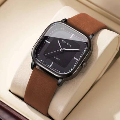 Combo Retail Shop Fashion Square Men Quartz Watch, Minimalist Leather Strap Wrist Watch brown Black
