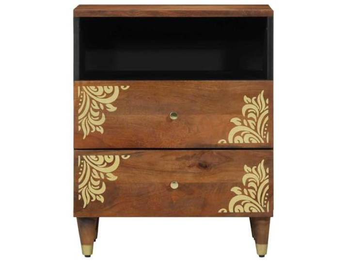 KTHLBRH Nachttisch Braun Holz Mango massiv 50 x 33 x 62 cm 2 Schubladen, Regal, Messinggriffe, Vorderseite handbemalt, minimalistisches Design