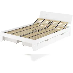 Erst-Holz Weißes zeitloses Doppelbett 160x200 Kiefer massiv weiß mit Stauraum Zubehör wählbar V-60.54S8-16W Federholzrahmen inkl.
