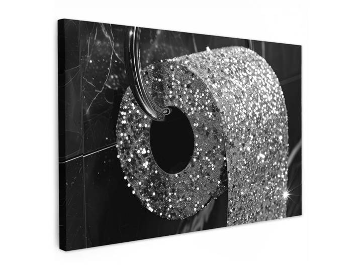 LEINWANDBILD WC - Toilettenpapier - Schwarz und weiß - Glitter Gemälde 60x40 cm