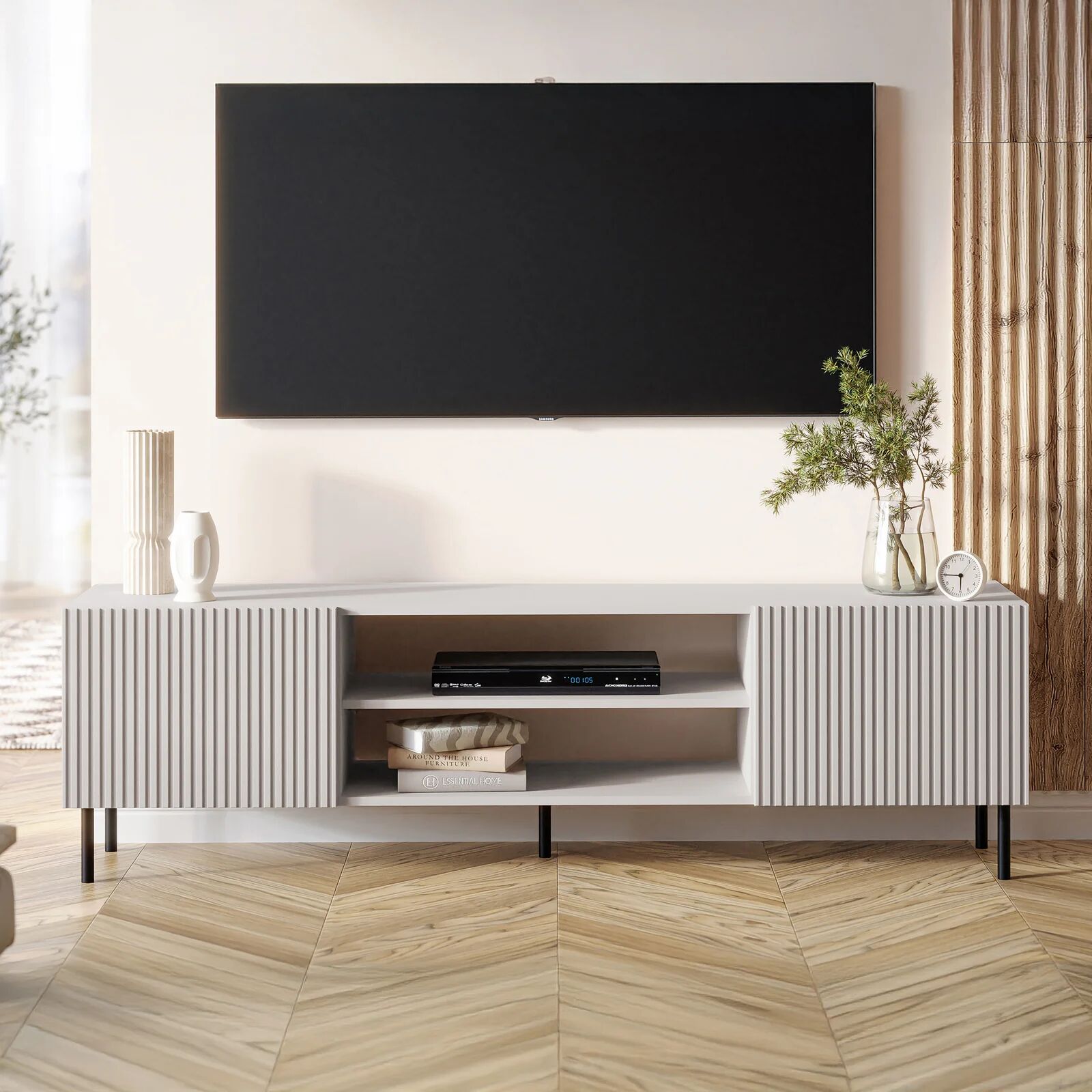 garneroarredamenti Mobile porta TV 181x53h cm 2 ante 2 vani con frontali cannettati beige Ziggy