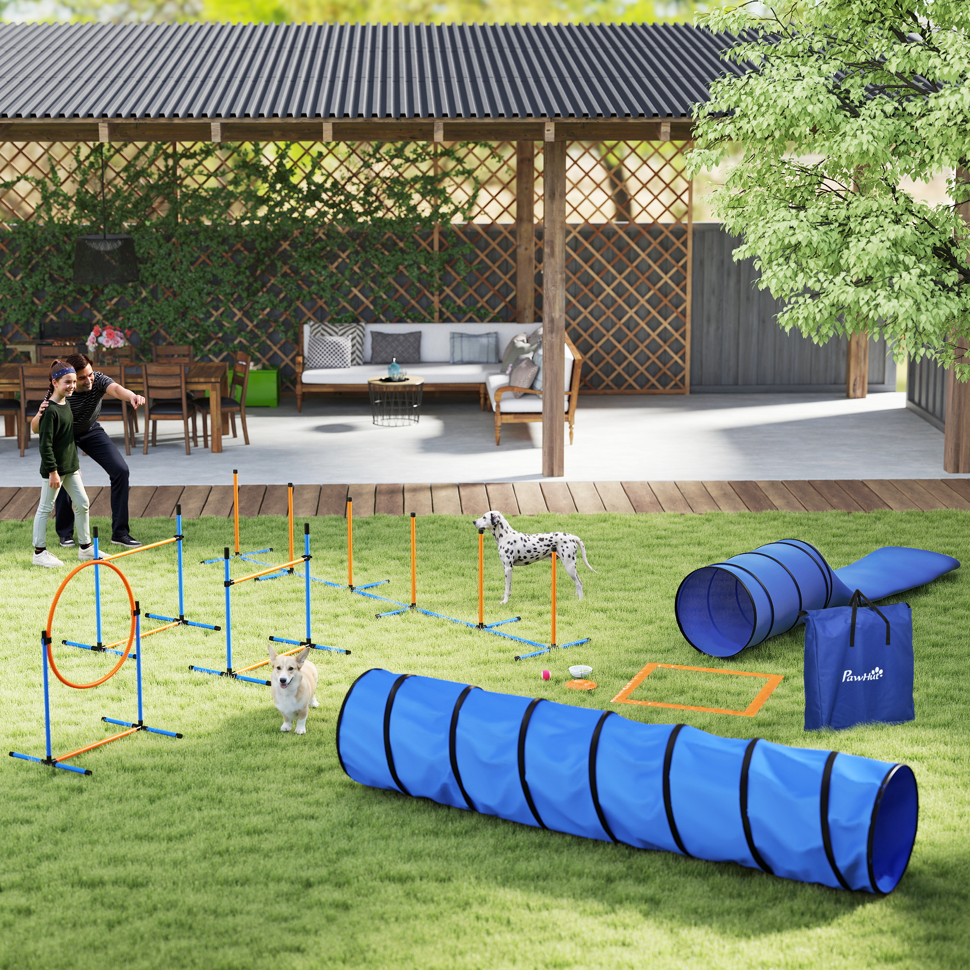 Pawhut Agility Set per cani 11 pezzi Attrezzatura Agility per cani con 2 tunnel Altezza regolabile Cerchio da salto & Ostacoli Pali slalom   Aosom Italy
