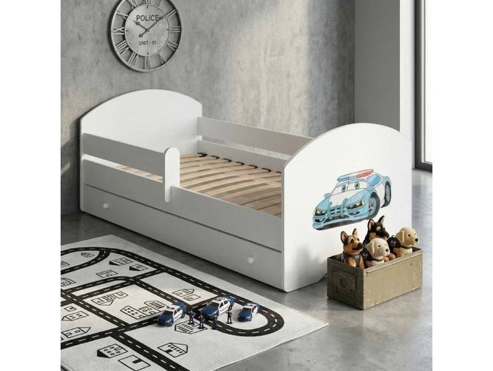 Lit enfant LUK blanc avec tiroir – sans matelas – motif police – 140x70 cm