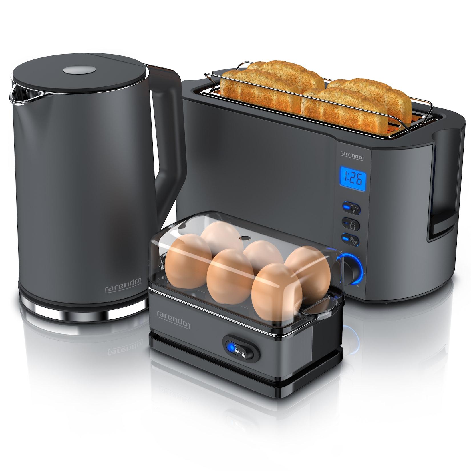 Arendo 3-teiliges Frühstücksset, Wasserkocher ELEGANT 1,5l, 4-Scheiben Toaster, 6er Eierkocher, Grau