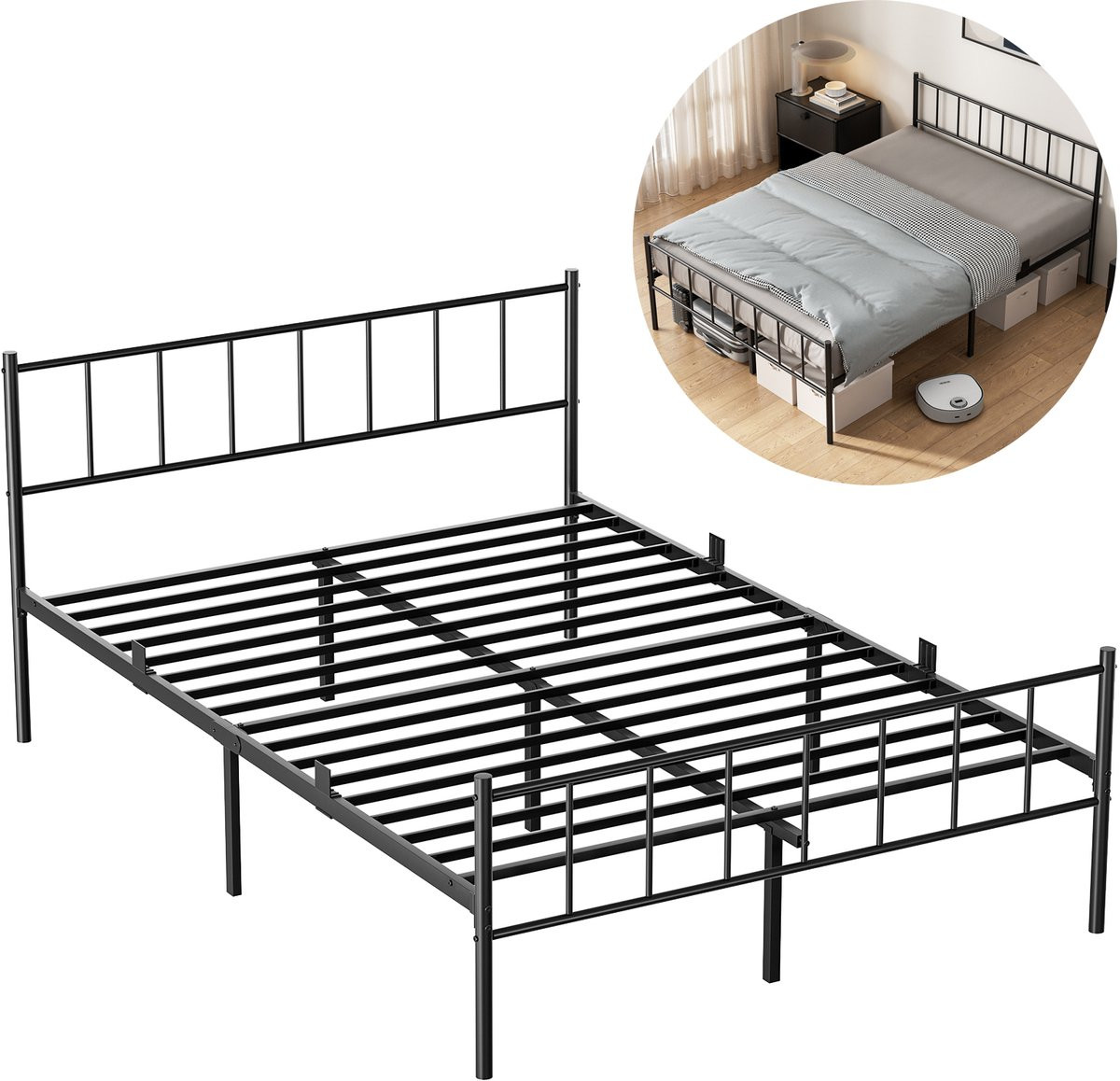 KUTAS Metalen bedframe met hoofdeinde - Zwart - Tweepersoonsbed - B/D: 160 x 200 cm