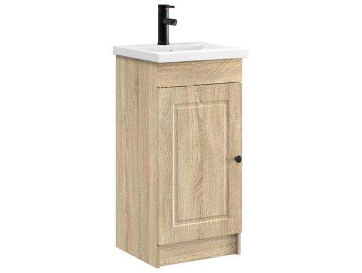hliofuir Badezimmerschrank mit Waschbecken Sonoma-Eiche 42x40x84,5 cm Kompaktes Möbelset für das Gästebad mit Armatur, Fachboden und schwarzen Metallknöpfen für geordnete Pflegeartikel.