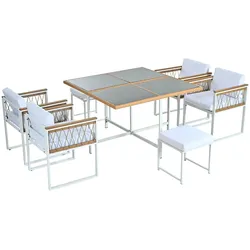 MODFU Gartenmöbelset 7 teilig mit Tisch und 6 Sitzplätzen 74x117x117 cm Natur+Weiß mit Glasplatte und WPC Armlehnen wetterfest