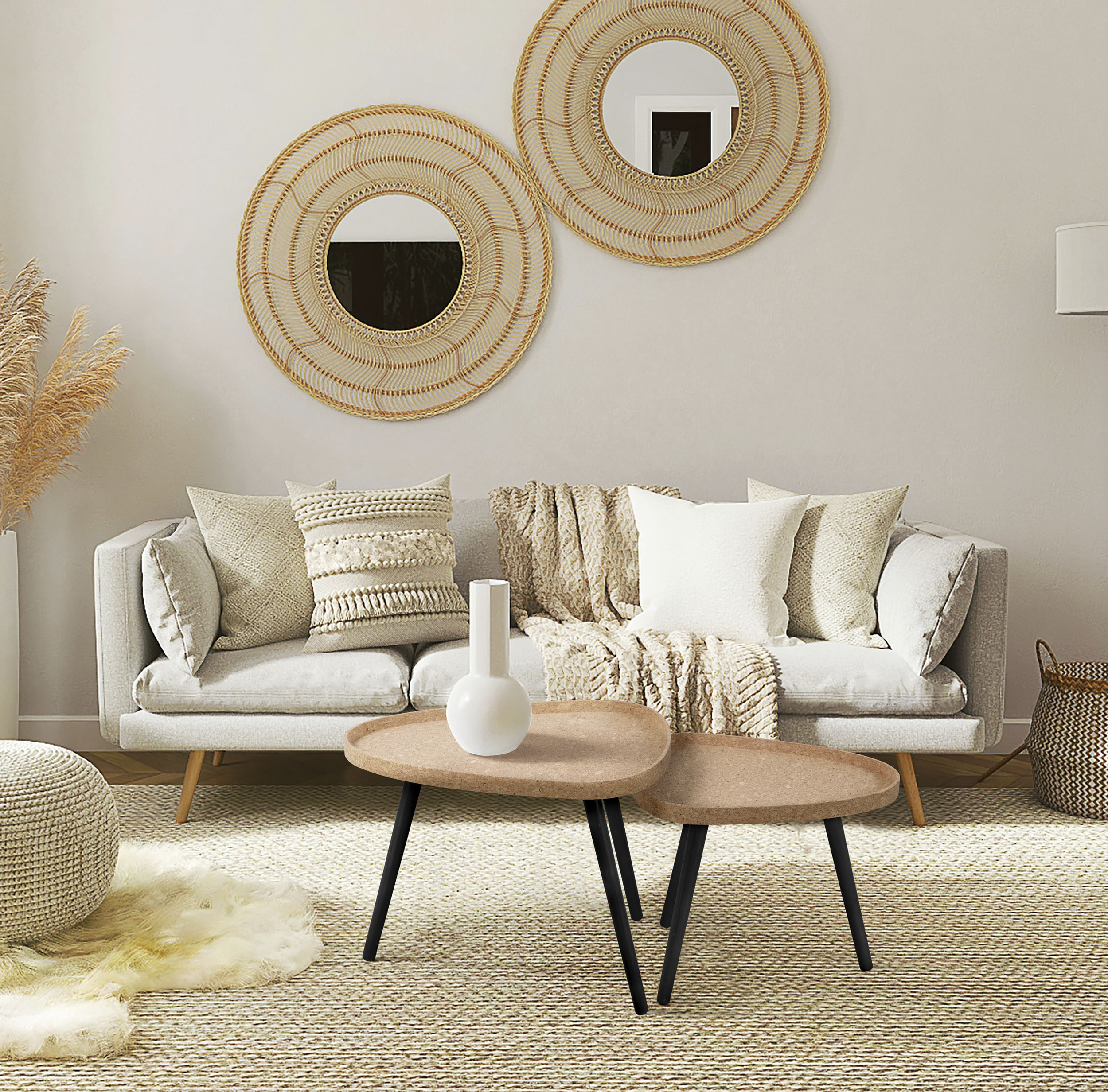 Beistelltisch MÖBILIA, beige (natur, schwarz, natur), B:50cm H:44cm T:40cm, MDF mit Kork, Beine Pinie, Tische, Beistelltisch, Tischplatte aus Kork