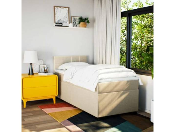 KTHLBRH Boxspringbett mit Matratze Creme 90 x 200 cm aus Stoff Taschenfedern, Kopfteil inklusive, Lattenrost inklusive, waschbarer Matratzenbezug