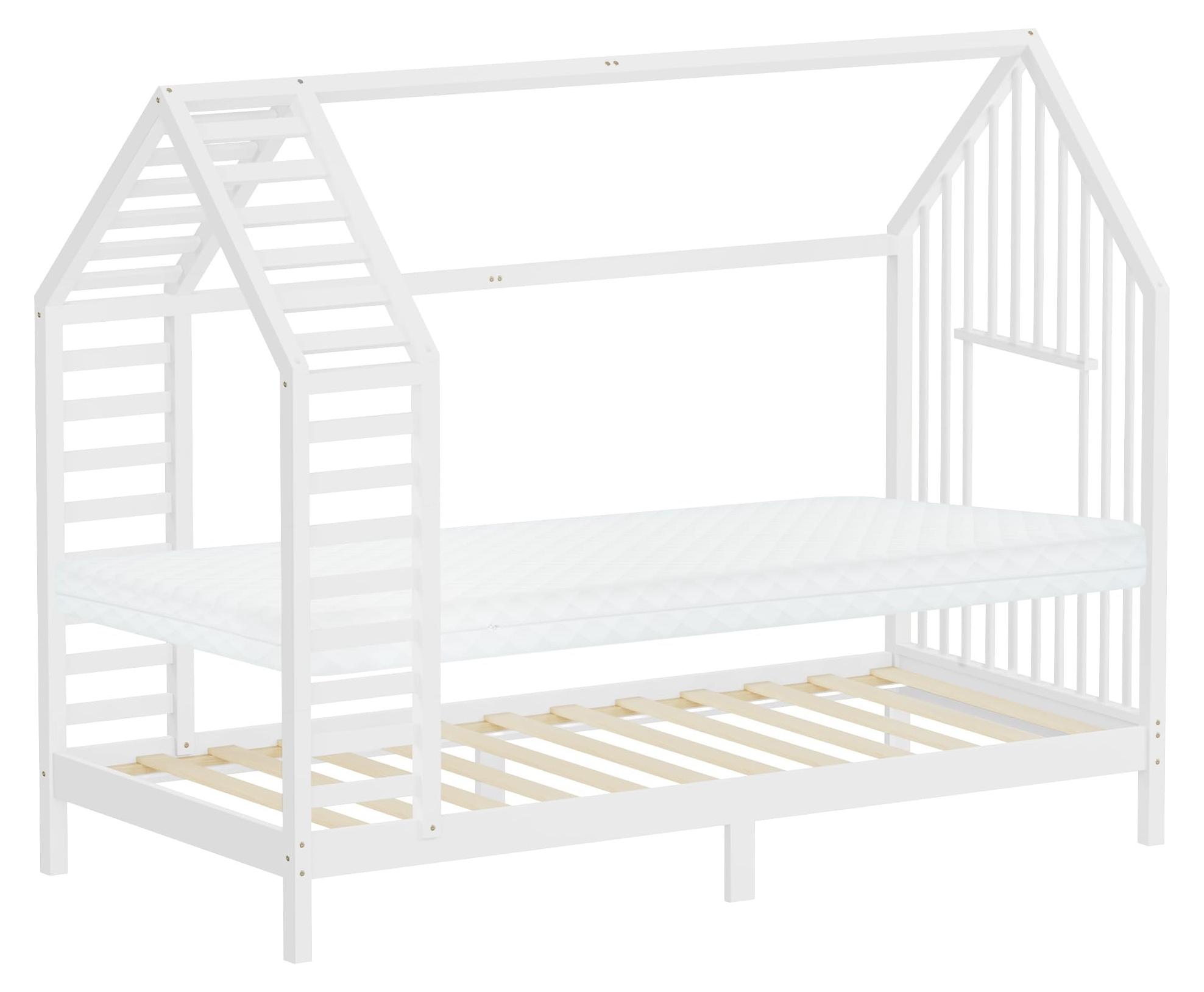 Kinderbett 90x200 cm Hausbett mit Dach, Fenster & Matratze