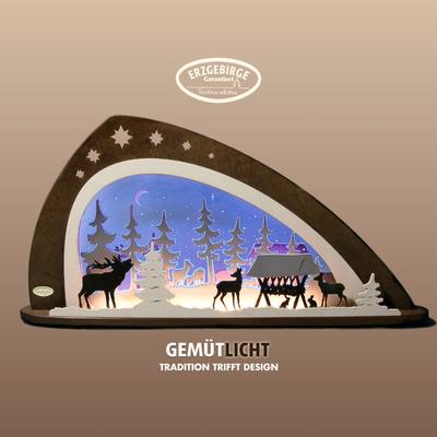 Lichterbogen WEIGLA "LED Waldtiere,moderner Schwibbogen aus Holz&Acrylglas, Made in Germany", schwarz (schwarz, blau), H:33,8cm T:8,6cm, Holzwerkstoff, Schwibbögen, Erzgebirge garantiert, Weihnachtsdeko Innen, Weihnachtsbeleuchtung
