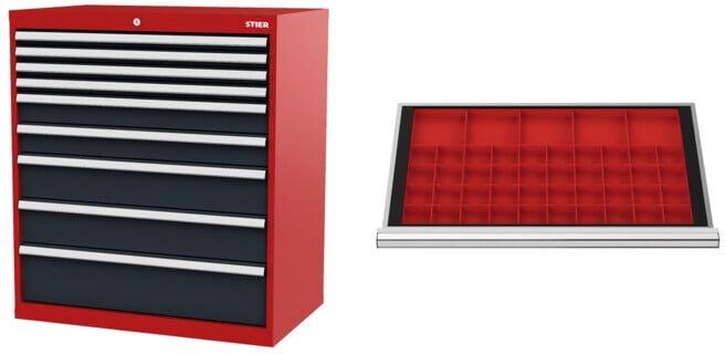 Set STIER Schubladenschrank mit 9 Schubladen BxTxH 900x575x1020 mm...