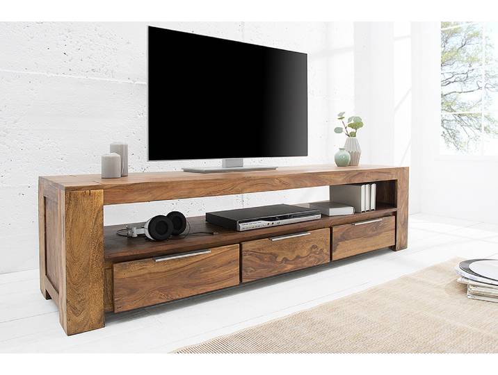 Massives TV-Board MAKASSAR 170cm braun Sheesham stone finish Lowboard drei Schubladen Klassisch