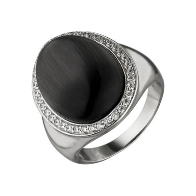 Fingerring JOBO Gr. 62, schwarz, Fingerringe, Damen, 62, Silber 925 (Sterlingsilber), Fingerring, 925 Silber mit Mondstein-Imitation und 38 Zirkonia