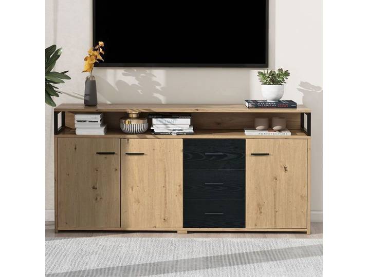 Buffet cuisine - Armoire de cuisine - Noir et marron - Montage facile - Meuble adulte - Buffet haut