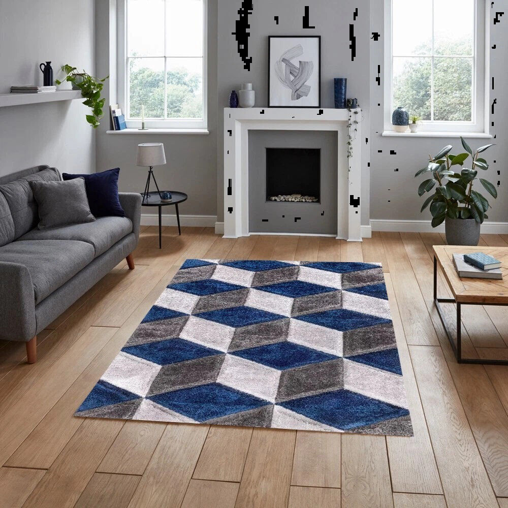 Ebern Designs Rectangle Geometric and Geometric Shapes Shag Blue Rectangle 200 x 290 cm