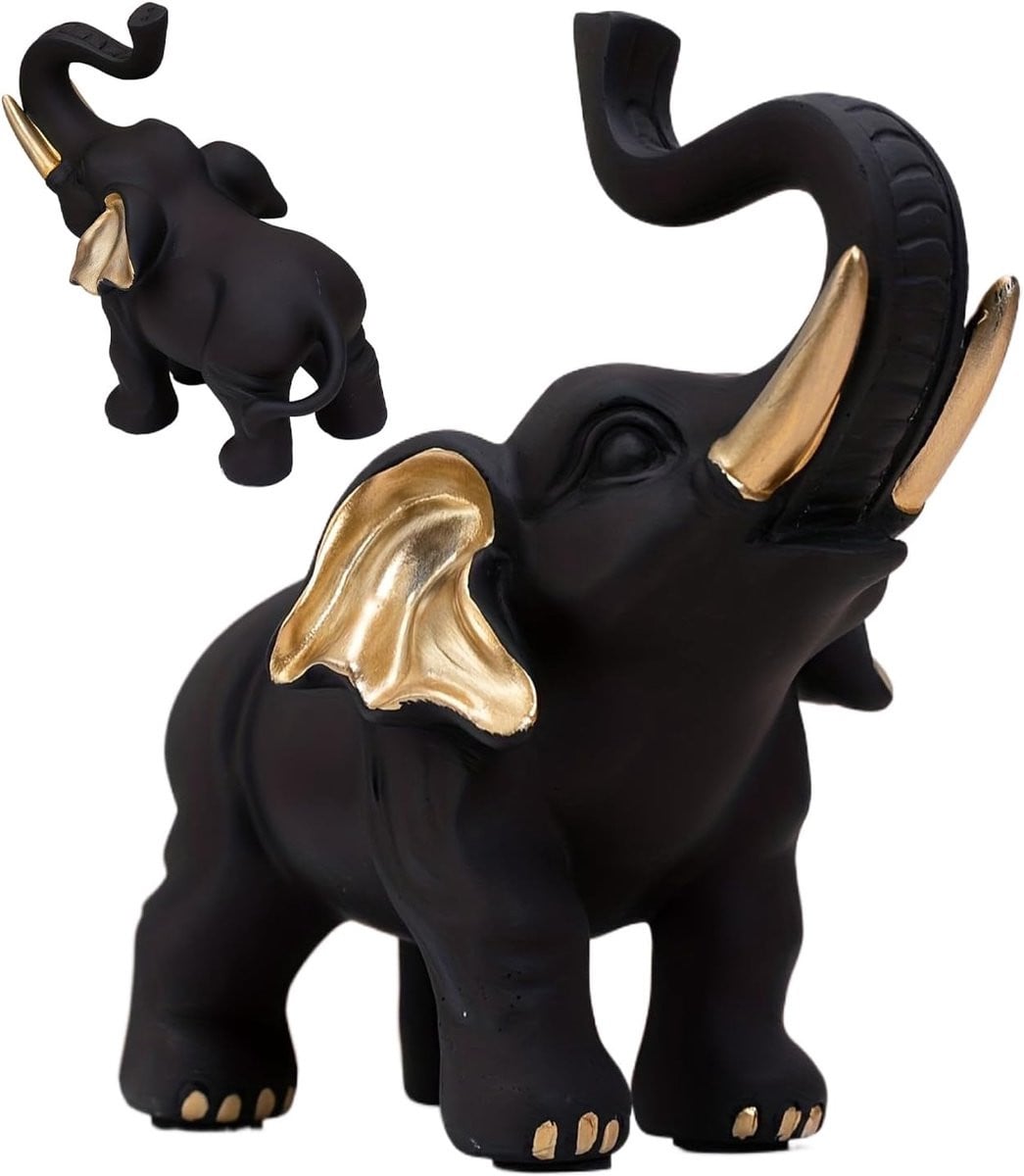 Zwart Olifant Beeldje - Gedetailleerd Decoratief Figuur - Breedte: 17 cm