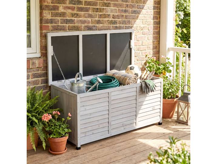 Outsunny Coffre de rangement extérieur malle de rangement en bois 283L 2 chaînes 127 x 56 x 60 cm gris
