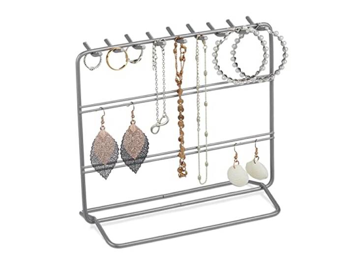 Relaxdays Porte-Bijoux\, Support pour Colliers et Boucles d’Oreilles\, en métal\, H x L x P : env. 18 x 20 x 9 cm\, argenté