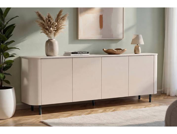 Sideboard GOODPRODUCT Lido, Breite 230 cm mit 4 Türen , cashmere, B:231cm H:83cm T:43cm, Holzwerkstoff, Sideboards, Sideboard, Formgebogenes MDF, Stirnseiten mit Rundung, Push-to-open, Metallfüsse