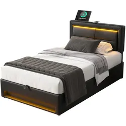 Polsterbett 90x200 cm mit Stauraum und LED-Beleuchtung – multifunktionales Design mit USB-Anschluss in Schwarz