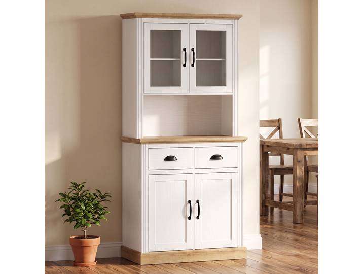 HOMCOM Armoire Cuisine 4 Portes Verre 2 Tiroirs Blanc