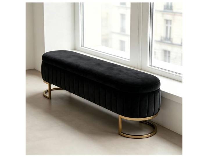 WUVRIE Banc coffre en velours noir 130 cm pieds métalliques dorés rangement intérieur pour chambre ou entrée
