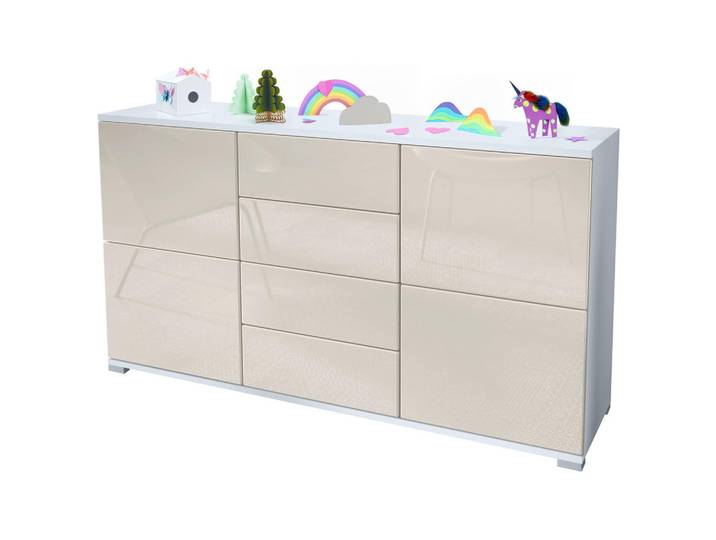 Vladon Sideboard Rova Creme Hochglanz, 138.5x75.5x35 cm, Kleinmöbel, Kommoden, Sideboards