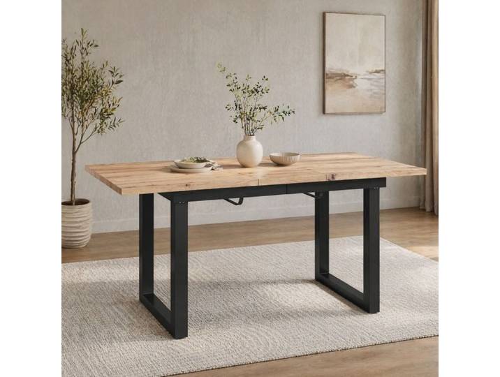Table à manger extensible rectangulaire 180x80x75 cm style industriel MDF bois naturel noir FOLYNA