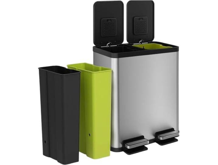 Simpli-Magic Mülleimer mit 2 Fächern, 30 l x 30 l, Küchen-Mülleimer mit langsam schließenden Deckeln, Abfall- und Recyclingbehälter, Geruchskontrolle, freihändig, leicht zu reinigen, Edelstahl