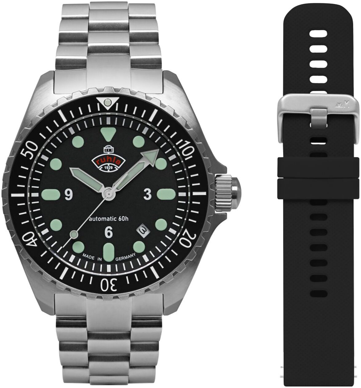 Automatikuhr RUHLA "NVA Kommando Minentaucher", silber (silberfarben, schwarz, schwarz), Armbanduhren, Herren, silberfarben, Automatikuhr, Herrenuhr, Datum, Leuchtzeiger, Saphirglas, Made in Germany