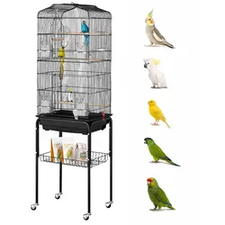 VEVOR Vogelkäfig, 45,7x35,5x151cm, Vogelvoliere mit offener Oberseite & Ständer, Vogelflugkäfig aus Stahl mit herausnehmbarem Tablett, Wellensittichkäfig mit 4 Sitzstangen, Papageienkäfig, Vogelhaus