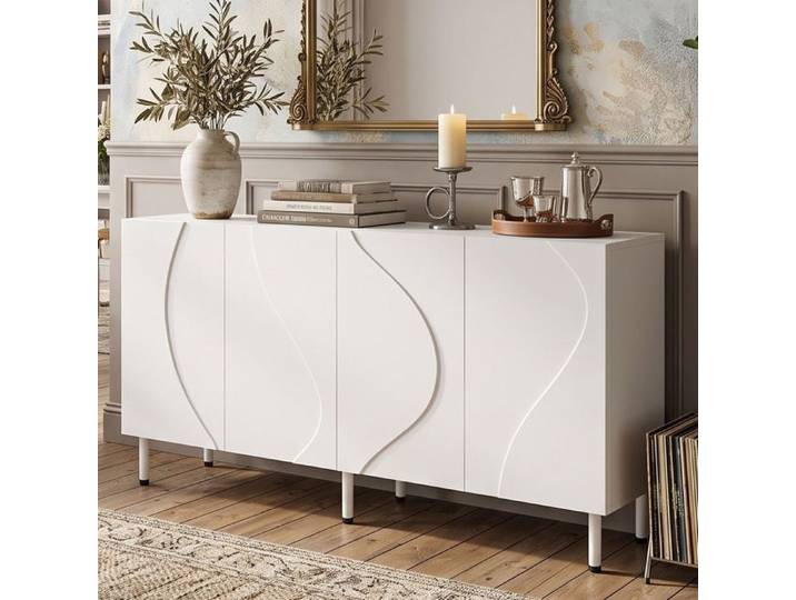 Buffet Blanc 140cm Sideboard Design avec Portes 3D Ondulées Grand Rangement Modulable sans Poignées Enfilade Salon Entrée