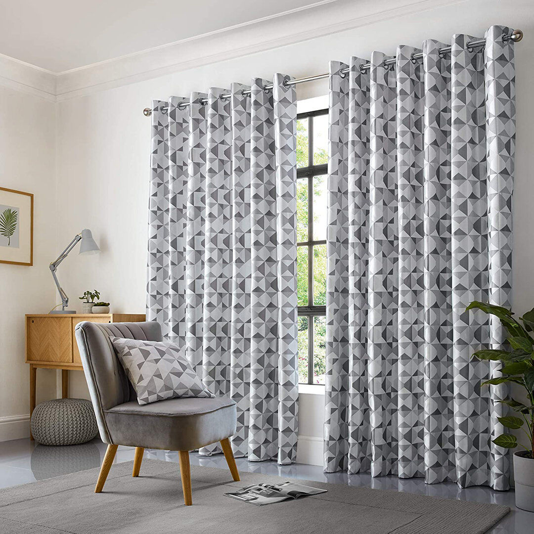 Hykkon Stamper Semi Sheer Curtain Pair Silver/Charcoal 168 W x 183 D cm
