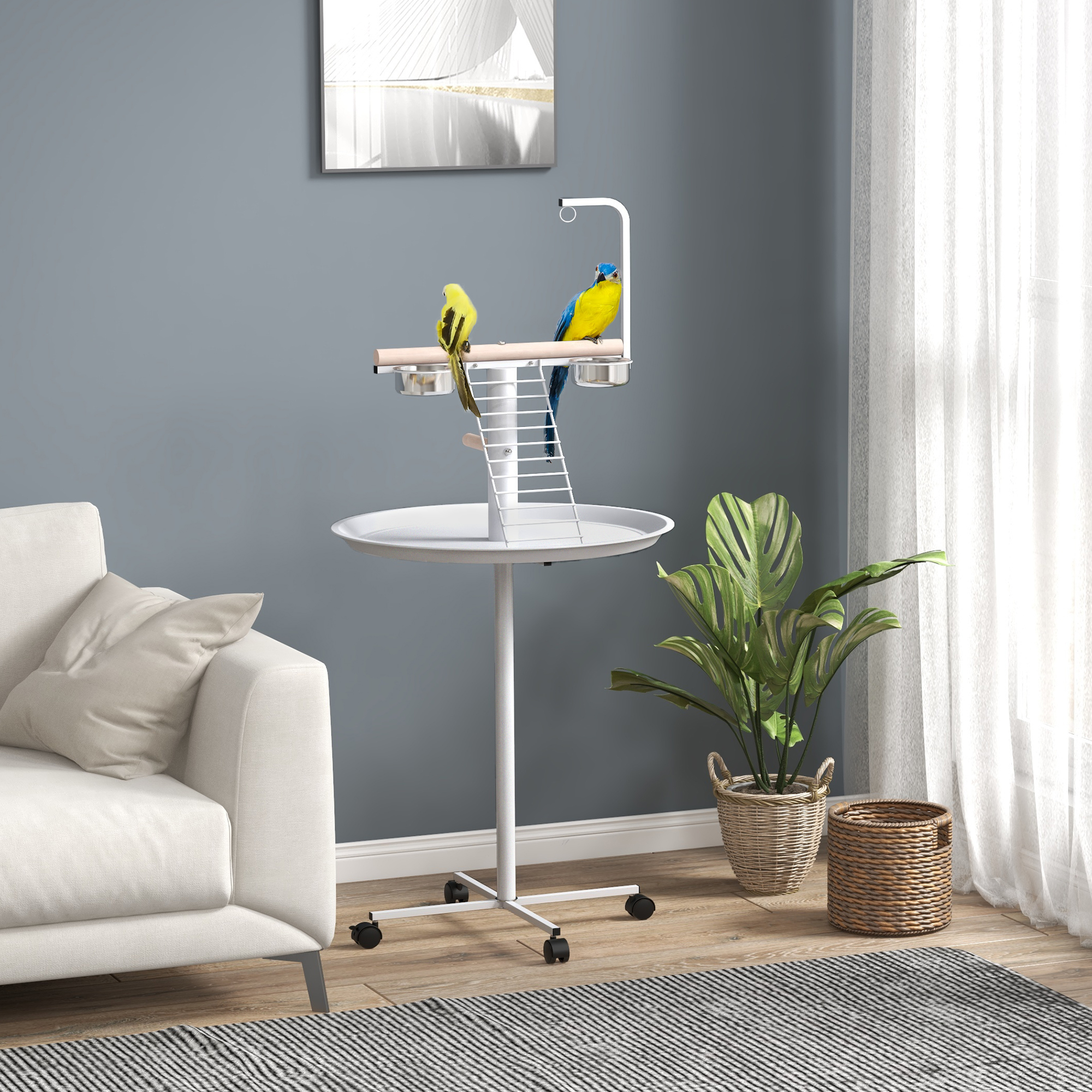 Pawhut Posatoio libero per pappagalli con posatoio e 1 scala, 1 altalena e ciotole, 60x60x138 cm, Bianco e Naturale   Aosom Italy
