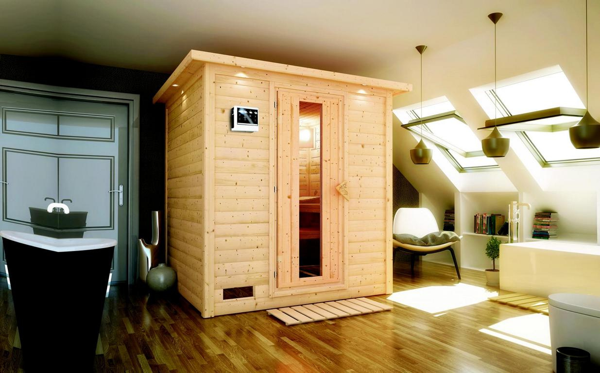 KARIBUHOLZT Sauna Mojave Front 9kW Bio ext. St m.Isoliertür u.Dachkra 09221901