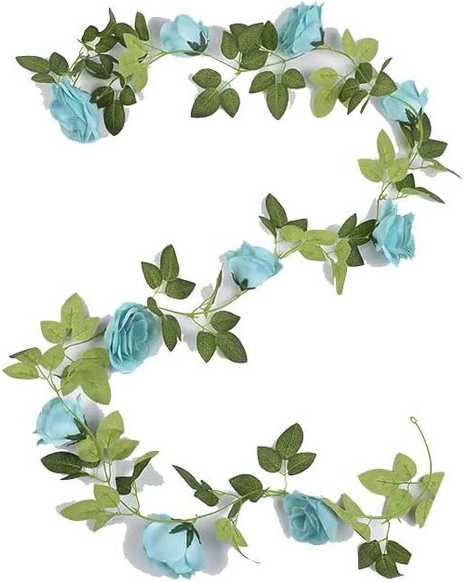 Blauwe kunstrozenslinger van zijden bloemen, 2.4 meter lang