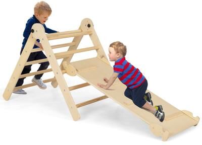 Costway 3-in-1 Climbing Set Foldable and Adjustable Kids Triangle Set-Natural