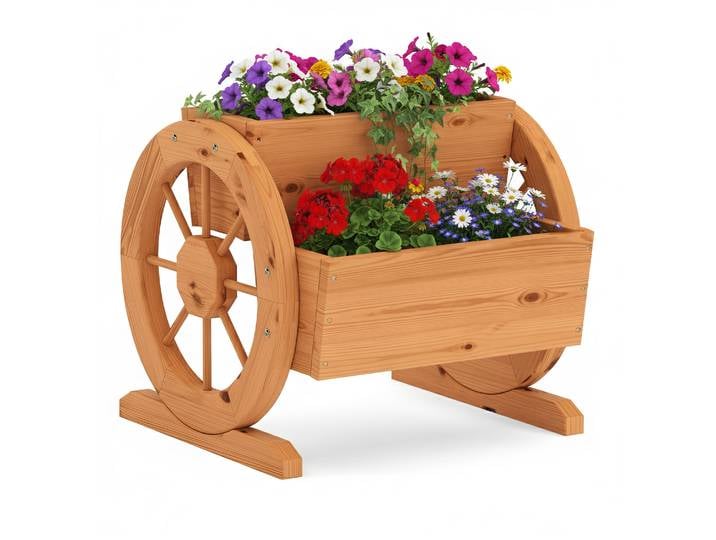 Blumenkasten mit Wagenrad braun